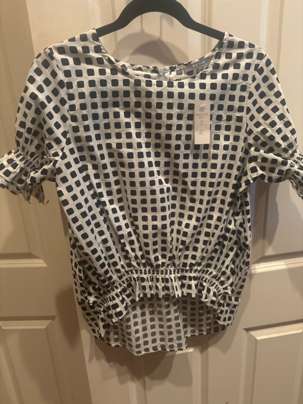 Blue Tassel Black & White Geometric Peplum Blouse – Size Small